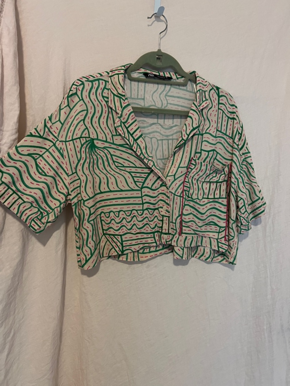 Zara Cream Button-Down Crop Shirt with Green & Pink Print
